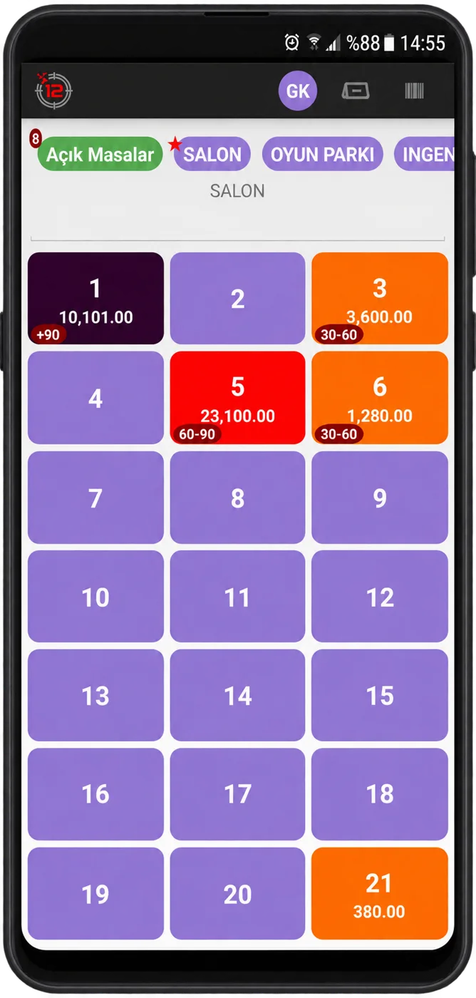 ERP12 Garson Android uygulaması — açık masalar ekranı