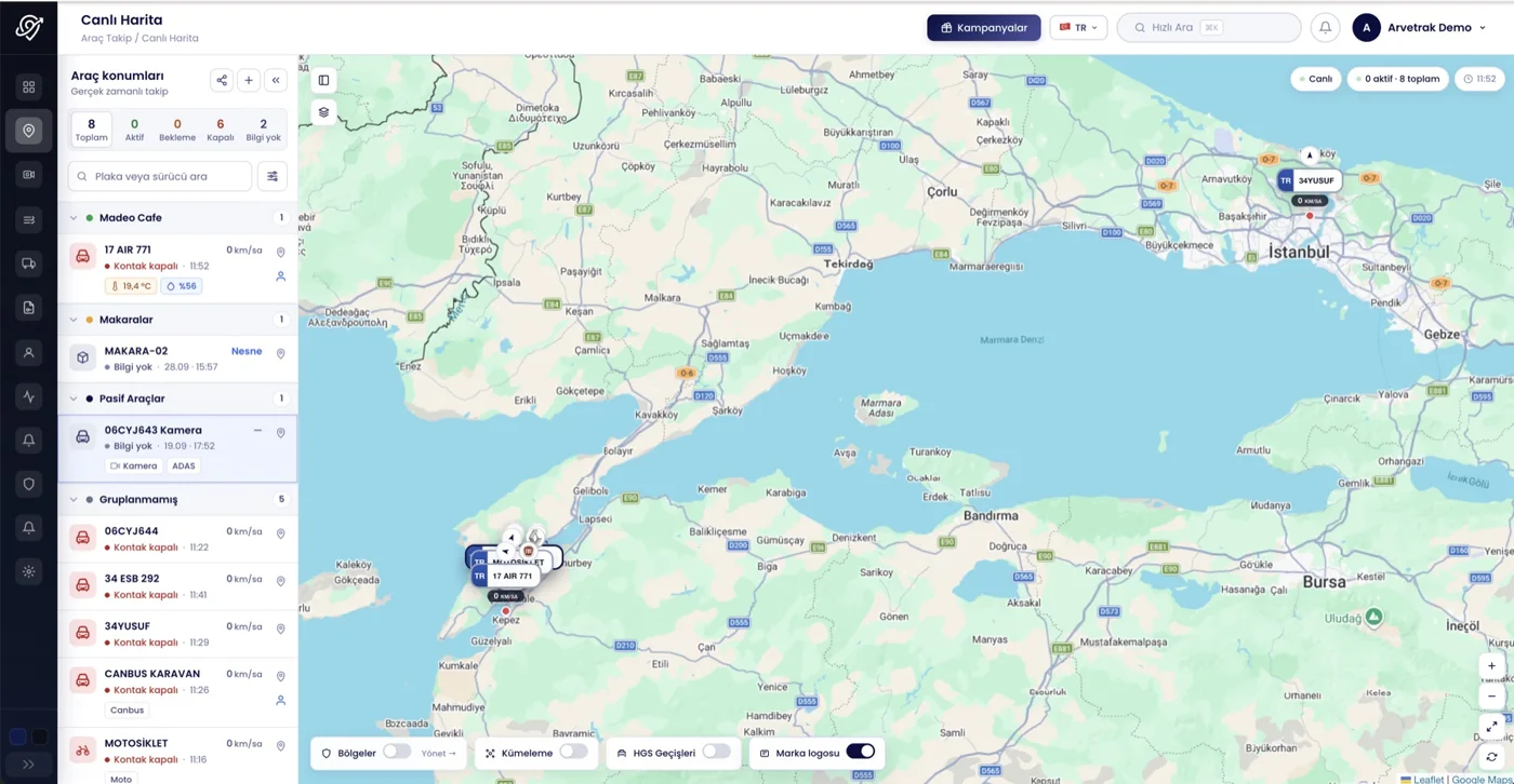 Arvetrak canlı takip harita ekranı