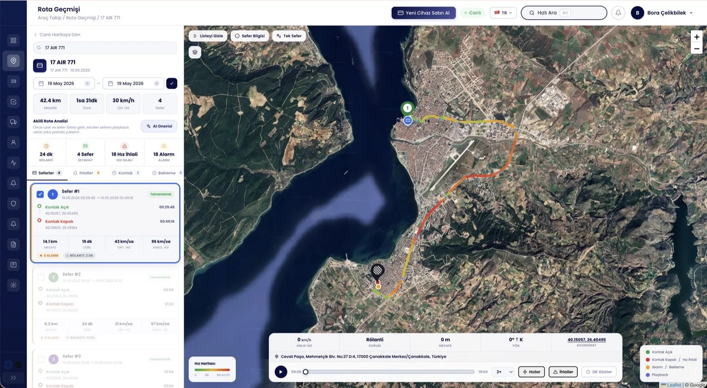 Arvetrak rota geçmişi ekranı